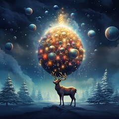 Christmas tree with magic reindeer floating in the sky