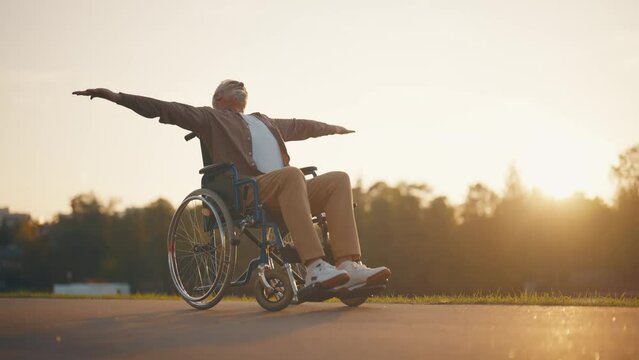 Senior man in wheelchair enjoys freedom. Male with special need spreading arms on sides smiling breathing fresh air walking in city park near pond. Living with physical disability in old age concept.