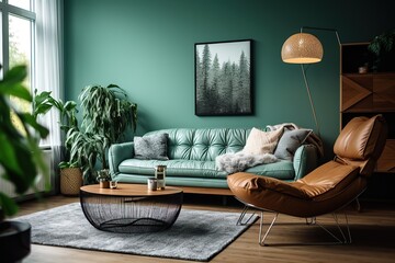 Cozy living space with a couch, stylish lighting, and a calming picture of a forest on the wall