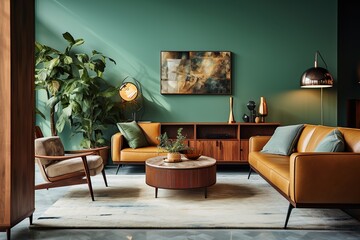 Sophisticated living space featuring earth-toned furniture, artistic accessories, and ample greenery