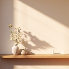 Soft sunlight accentuates a serene shelf display with elegant white lilies in a vase, embodying peace and purity
