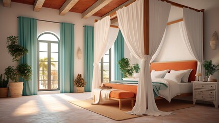 Elegant bedroom interior with an inviting canopy bed, earthy tones, and sheer curtains for a luxurious feel