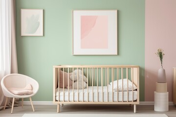 Modern nursery room with pastel colors, minimalist crib, and ergonomic armchair creating a soothing ambiance