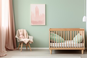 Chic nursery design with a comfortable wooden crib, pastel colors, and cozy armchair, creating a warm space