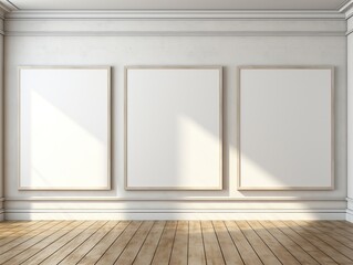Art gallery room basking in morning sunlight with beautiful shadows across white blank canvases on the wall