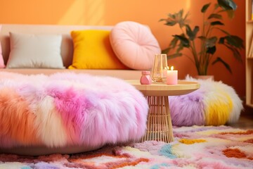 A colorful and fluffy two-tone pouf situated in a lively orange-toned living room setting