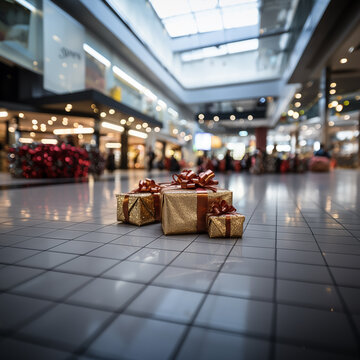 A gift for the shopping center. A surprise gift for mall. Marketing promotion for shoppers. Presentation post for social media bg, blurred background with people and stores. Bow + ribbon in picture