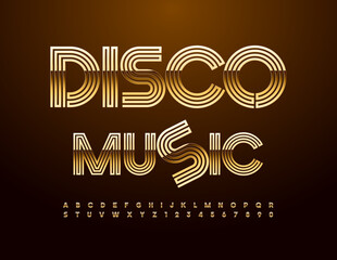 Vector creative flyer Disco Music. Trendy Gold Font. Artistic Alphabet Letters and Numbers