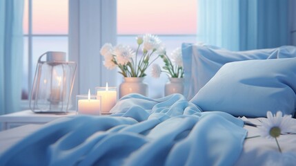 Cozy light blue Bedroom with flowers and candles. pillows, duvet and duvet case on a bed. Blue bed linen on a blue sofa. Bedroom with bed and bedding. Blurred view of light bedroom with big window