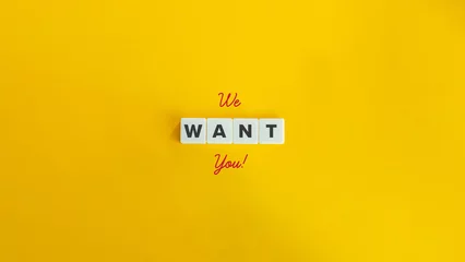 Deurstickers We Want You Phrase and Banner. Block Letter Tiles and Cursive Text on Yellow Background. Minimalistis Aesthetics. © photoopus