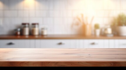 Generative AI, empty wooden tabletop on blurred modern kitchen background with copy space