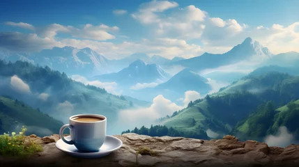 Fotobehang Cup of coffee on the mountain background © Kateryna Kordubailo