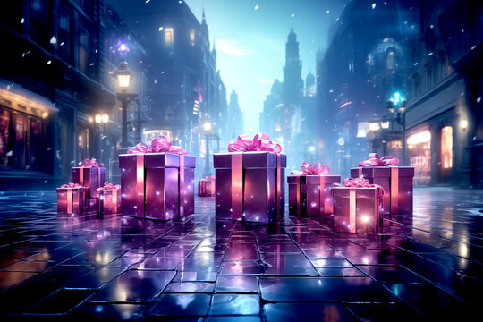 Christmas festival, synthwave,snowfall in the city,snowfield,giftboxes.