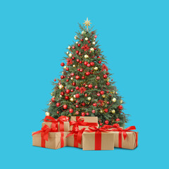 Obraz na płótnie Canvas Beautiful Christmas tree with many gift boxes under on light blue background