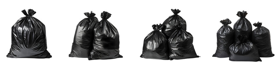 Set of Black Plastic Garbage Bags on Transparent Background