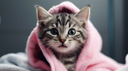 Funny smiling wet gray tabby cute kitten after bath wrapped in pink towel with blue eyes. Pets and lifestyle concept. Just washed lovely fluffy cat with towel around his head on grey background.
