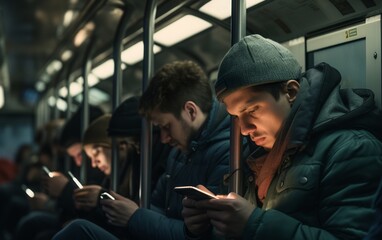 People stare at their smartphone on the train or metro. The concept of loneliness, mobile phone addiction, digital detox. - obrazy, fototapety, plakaty