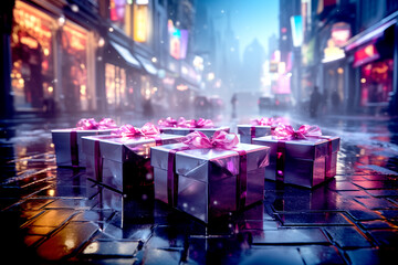 Christmas festival, synthwave,snowfall in the city,snowfield,giftboxes.  - obrazy, fototapety, plakaty
