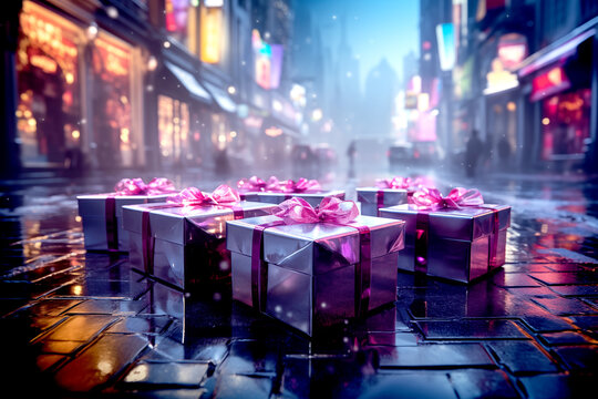 Christmas festival, synthwave,snowfall in the city,snowfield,giftboxes. 