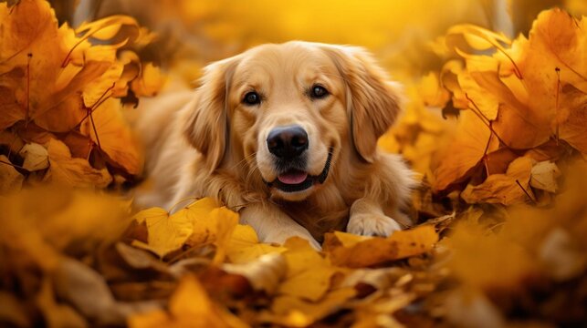 Golden Retriever Dog in a pile of bright yellow, colorful Fall leaves