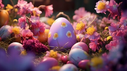 Fototapeta na wymiar Congratulatory easter background. Easter eggs and flowers