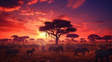 Fototapeta na wymiar Herd of wild animals including wildebeest and zebra during migration through East Africa feed on grass under baobab trees during a colorful sunset