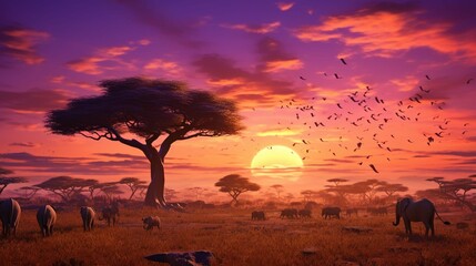 
Herd of wild animals including wildebeest and zebra during migration through East Africa feed on grass under baobab trees during a colorful sunset