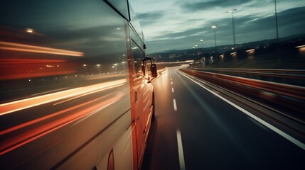 A close-up of a lorry's cab on a high-speed motorway, with blurred landscapes emphasizing the speed of transportation
