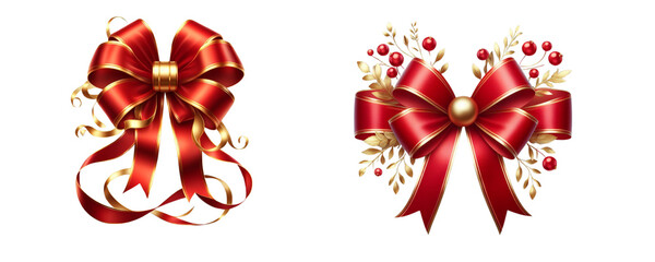 Two Red ribbon and bow with gold isolated on transparent or white background (Generative Ai)