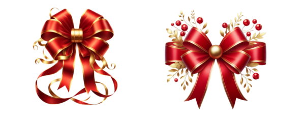 Two Red ribbon and bow with gold isolated on transparent or white background (Generative Ai)