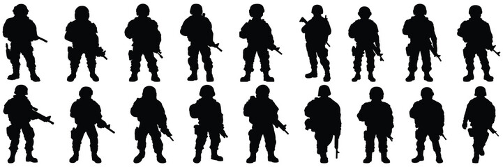 Soldier war army silhouettes set, large pack of vector silhouette design, isolated white background