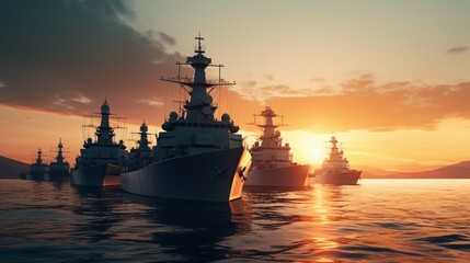 Military navy ships in a sea bay at sunset - obrazy, fototapety, plakaty