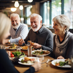 elderly friends eating dinner in restaurant.