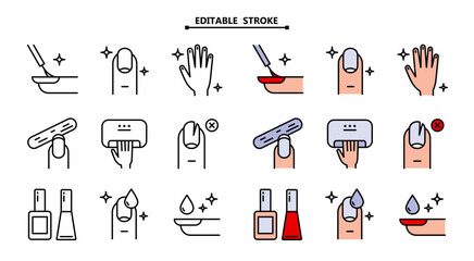 Manicure, icon set. Tools for cosmetic beauty treatment for the fingernails and hands, linear icons