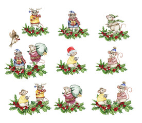 Christmas composition with mice in cartoon style set. Watercolor Christmas hand drawn illustration for cards, backgrounds, scrapbooking and your design. Perfect for wedding invitation.