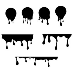 Set of dripping ink. Black flowing liquid.