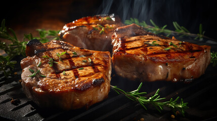 Grilled pork chops, Beautiful cooked, Rustic wood table background, AI Generated