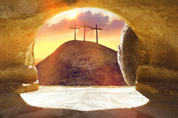 Three wooden crosses on a hill in the morning. Concept of Crucifixion on Mount Golgotha,...