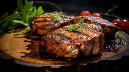 Grilled pork chops, Beautiful cooked, Rustic wood table background, AI Generated