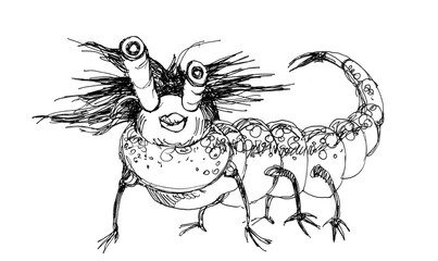 Fun centipede, comic character. Ink drawing, cartoon style.