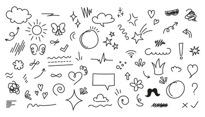 Set of cute pen line doodle element vector. Hand drawn doodle style collection of heart, arrows, scribble, speech bubble, star. Cute isolated collection for office - obrazy, fototapety, plakaty