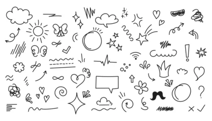 Foto op Aluminium Set of cute pen line doodle element vector. Hand drawn doodle style collection of heart, arrows, scribble, speech bubble, star. Cute isolated collection for office © Angger Dwi