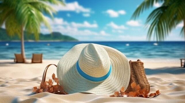 
Summer Bag On Tropical Sand - Beach Vacation - Accessories Hat Towel And Flip Flops With Leaves Palm And Blue Sea 