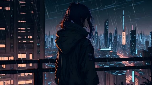 Background music, lofi anime girl headphones standing alone in the room with city night lights in the background, illustration lofi hip hop music. seamless looping video animation.