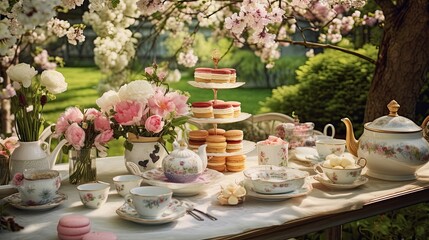 Elegant outdoor tea party setup with fine china, macarons, and flowers under blooming trees.