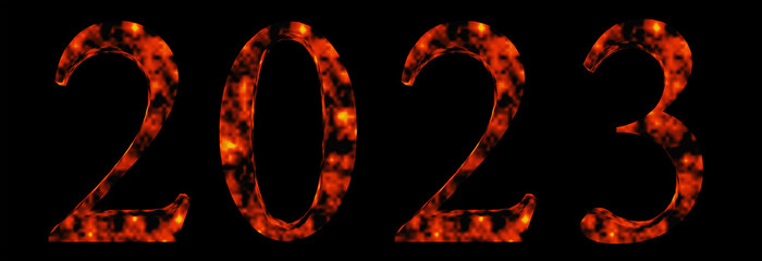 Concept or conceptual 2023 year made of burning font on black background. An abstract 3D illustration as a  metaphor for future, incertitude, economy, crisis, investment  and business