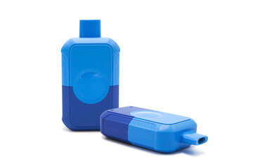 Disposable electronic cigarette with recharging isolated on white background. The concept of modern smoking, vaping and nicotine.