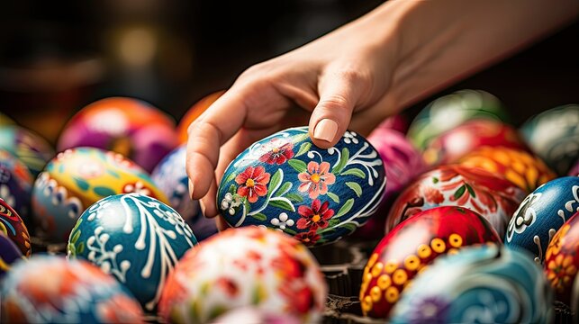 Close-up of a hand selecting a beautifully decorated Easter egg from a collection of colorful eggs with intricate patterns.