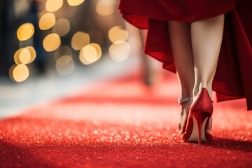 elegant woman walk on red carpet close up - obrazy, fototapety, plakaty