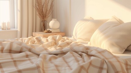 Fototapeta na wymiar Warm ivory duvet quilt plaid lying on bed in cozy bedroom. Preparing for winter season, household, domestic activities, hotel or home textile photography
